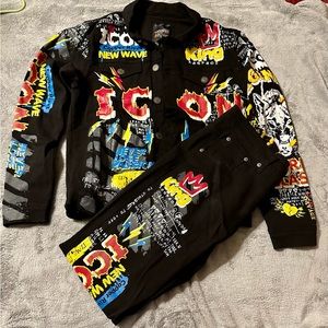 The Copper Rivet black denim jacket/jeans set. Jacket size large,  jeans 36/32